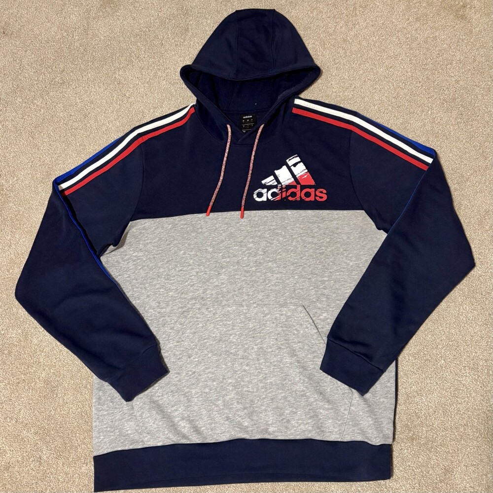 Adidas Men's Colorblock Hoodie Striped Logo Navy Gray Red White Blue USA, Sz L
